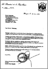 Исторический документ за подписью Президента Центральноафриканской  республики  о  юридическом  признании Доминиона Мельхисадека и установлении дипломатических отношений